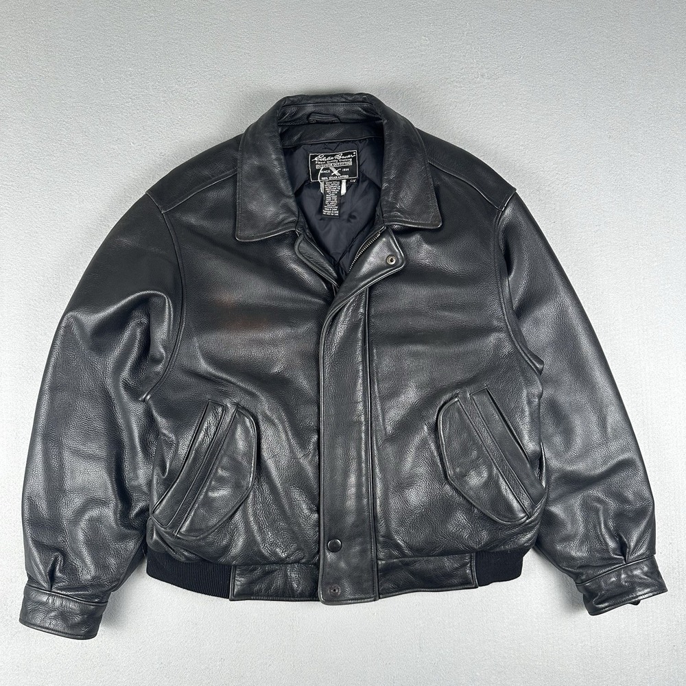 Vintage Eddie Bauer Leather Bomber Jacket Men's Large Black Down Insulated